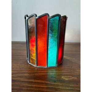 Vintage Stained Glass Rainbow Candle Holder Hurricane Shade Leaded Glass 6.25"
